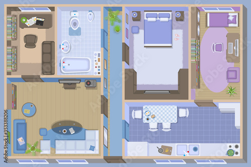Apartment floor plan. (top view)
Furnished flat. (view from above)
Interior architecture. Living room, bedroom, kitchen, bathroom, nursery, office.