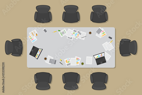 Work space for business meetings and brainstorming. (Top view)
Vector office table. (View from above)