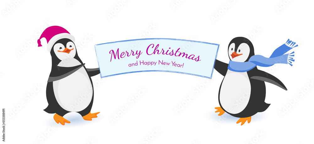 Fototapeta premium Two funny Christmas penguins hold a poster with a words: merry Christmas and happy New Year. . Flat Vector cartoon isolated illustration. Can be used for postcards, posters, greeting cards