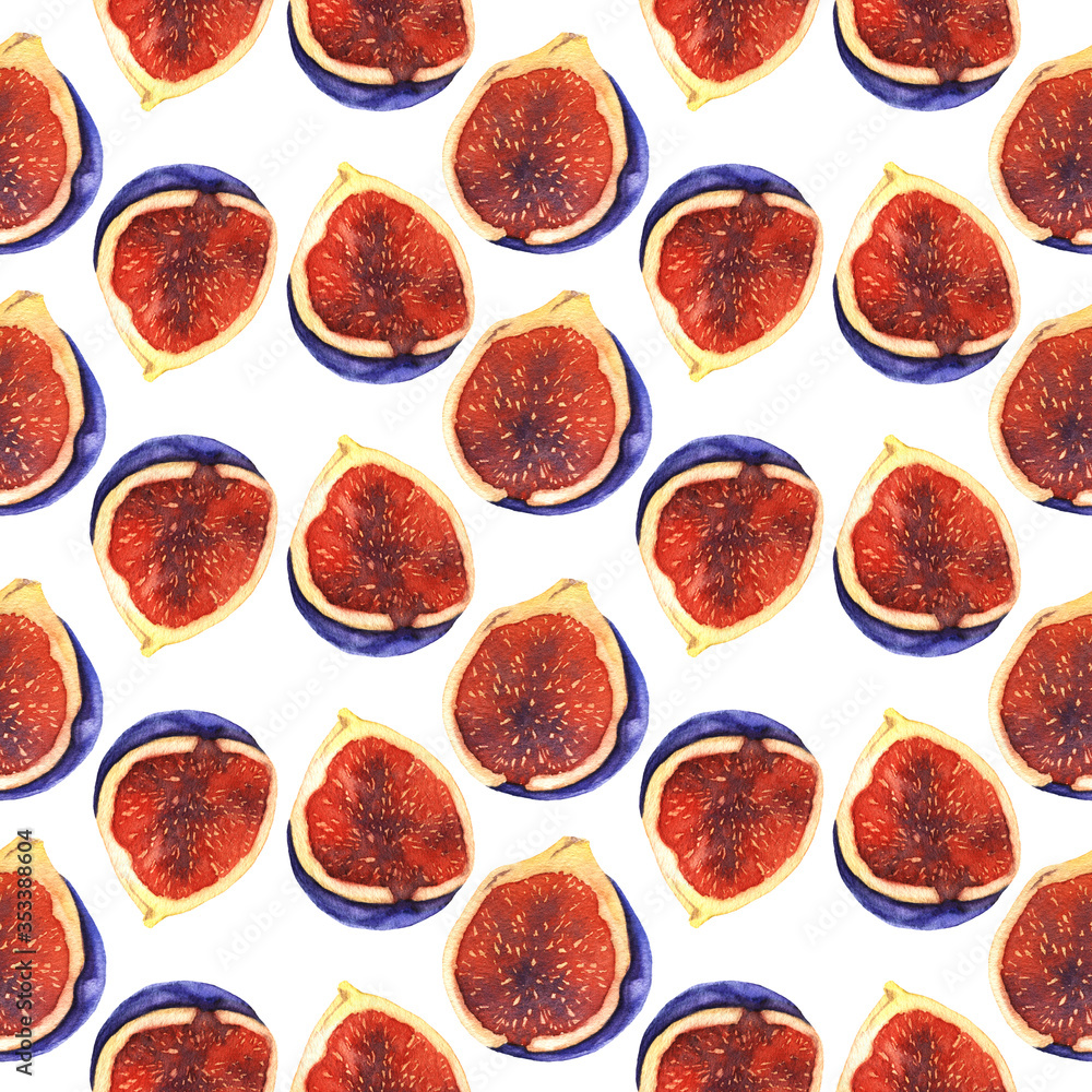 Watercolor Fig Digital Paper, Fruits Seamless Pattern, Hand Drawn