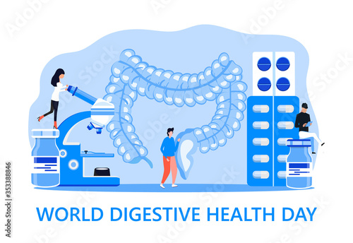 World digestive day is celebrated in 29 May. Intestine probiotic bacteria, lactobacillus info-graphic illustration vector. Tiny doctors treat stomach diseases.