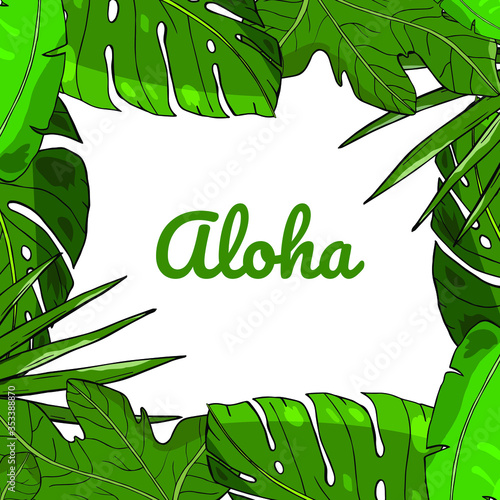 Inverted circle of tropic leaves vector with text. For greeting cards and invitations design with tropic leaves like banana and monstera leaves with fig leaves