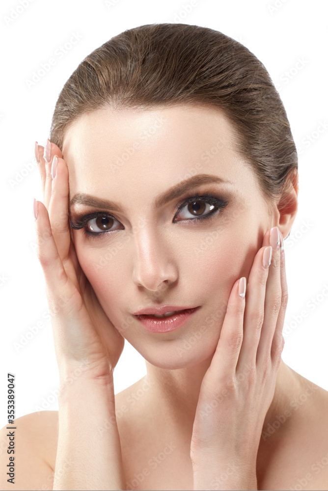 Young beautiful woman with hands portrait with short hair healthy skin studio on white Young beautiful woman with hands portrait with short hair healthy skin studio on white