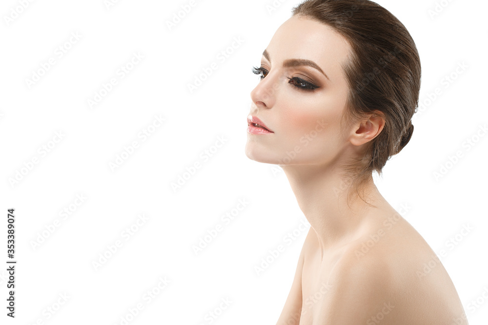 Beautiful woman happy portrait close up studio on white Beautiful woman happy portrait close up studio on white