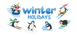 Vector card with lettering Winter Holidays and funny penguins in cartoon style on the white background.Penguins on skates,on skis, on a sleigh, on tube, with a snowball.