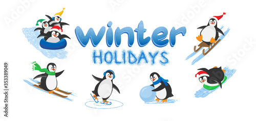 Vector card with lettering Winter Holidays and funny penguins in cartoon style on the white background.Penguins on skates,on skis, on a sleigh, on tube, with a snowball.