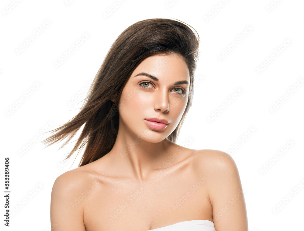 Woman Brunette healthy skin girl woman isolated on white close up face beauty and shine Woman Brunette healthy skin girl woman isolated on white close up face beauty and shine