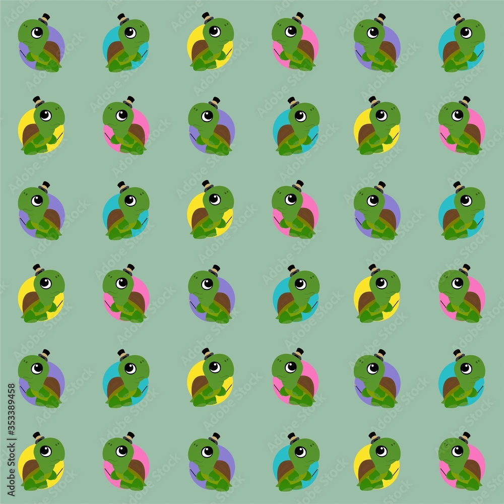 Obraz premium Turtle Carries a Magic Stick and Wears a Magic Hat Cute Illustration, Cartoon Funny Character, Pattern Wallpaper