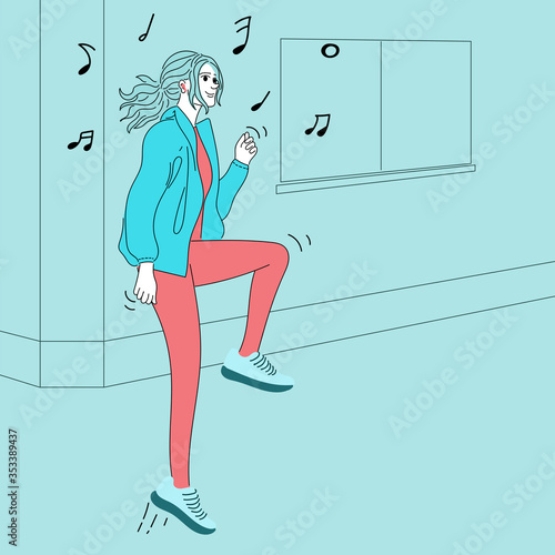 Women dancing and exercising in front of a fashion shop.Doodle art concept,illustration painting