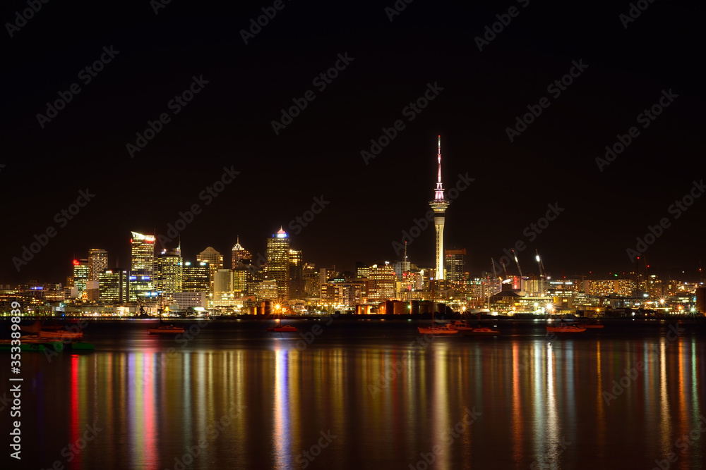 Auckland City downtown skyline at night. View from North Shore