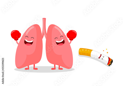 Cute cartoon lung punch cigarette. Quitting smoking concept.  World No Tobacco Day.  Vector illustration isolated on white background.
