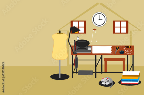 Flat cartoon vintage black sewing machine on with accessories for sew cloth or fabric scissors , pins on pincushion , tape measure with sleeping cat in home of seamstress vector. concept work at home