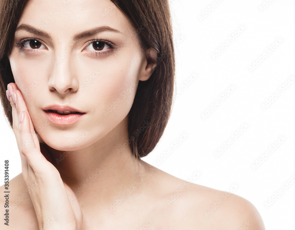 Young beautiful woman with hands  portrait with healthy skin studio on white