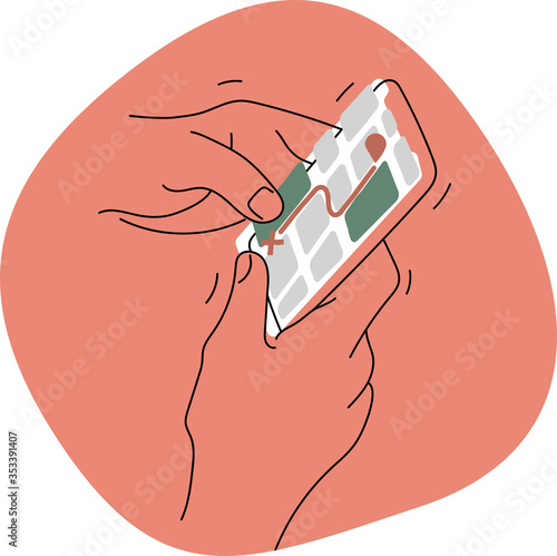 Illustration of hands holding a phone or a smartphone with the gps map app open showing the best route to get to an address in the city. Cartoon style flat vector illustration on blue background