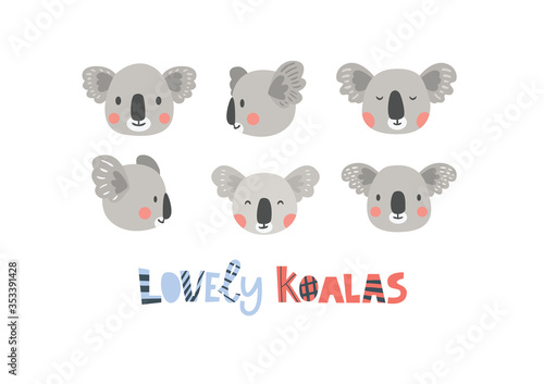 Photography Set of koalas faces with inscription Lovely koalas