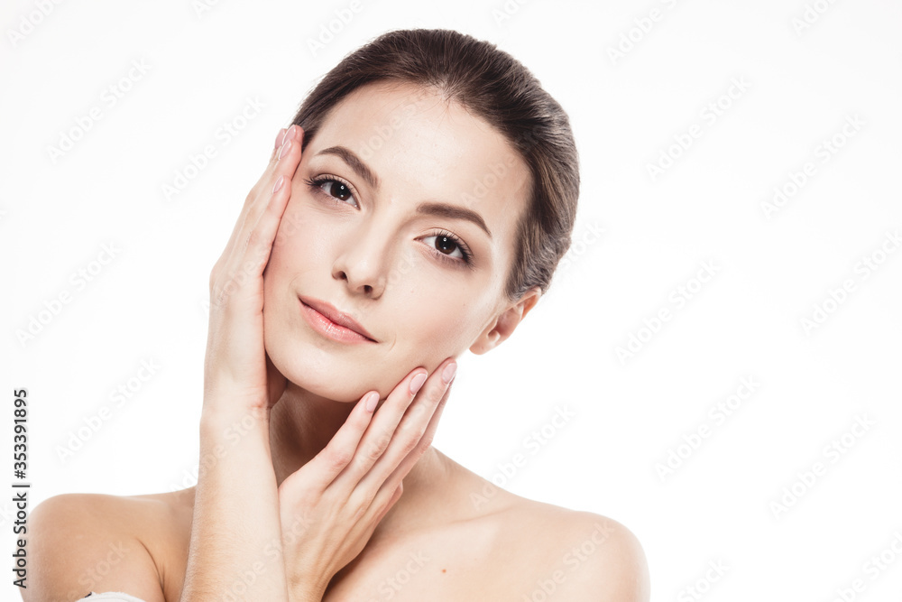 Young beautiful woman with hands portrait with healthy skin studio on white Young beautiful woman with hands portrait with healthy skin studio on white