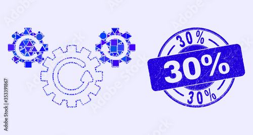 Geometric gear rotation mosaic pictogram and 30% seal. Blue vector rounded distress seal stamp with 30% title. Abstract mosaic of gear rotation combined of spheric, tringle, square geometric items.
