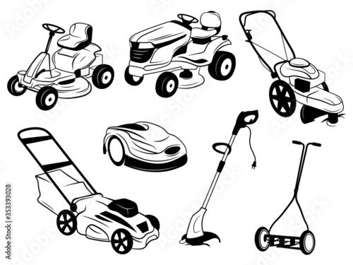 Set of lawn mowers. Collection of silhouettes of lawn mowing equipment. Means for cleanliness of the lawn. Mowing grass. Vector illustration on a white background.