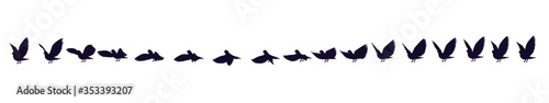 Full cycle animation of the black and white silhouette of a pigeon. Sprites for 2d animation.