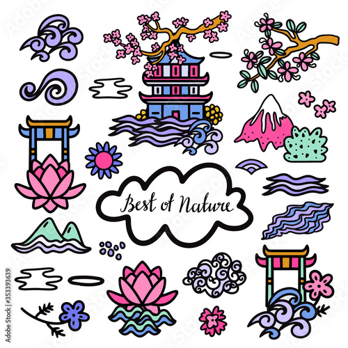 Japan, China set. Cherry tree blossom, lotus, flower, temple, waves, cloud, sun, mountains