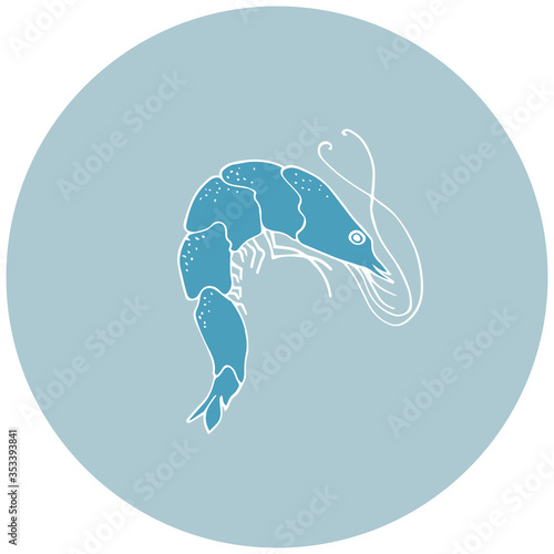 Blue silhouette of a shrimp on a blue background. Outline ocean animal illustration for nursery t shirt,kids apparel,party and baby shower invitation.Vector illustration. Save ocean poster.Icon.