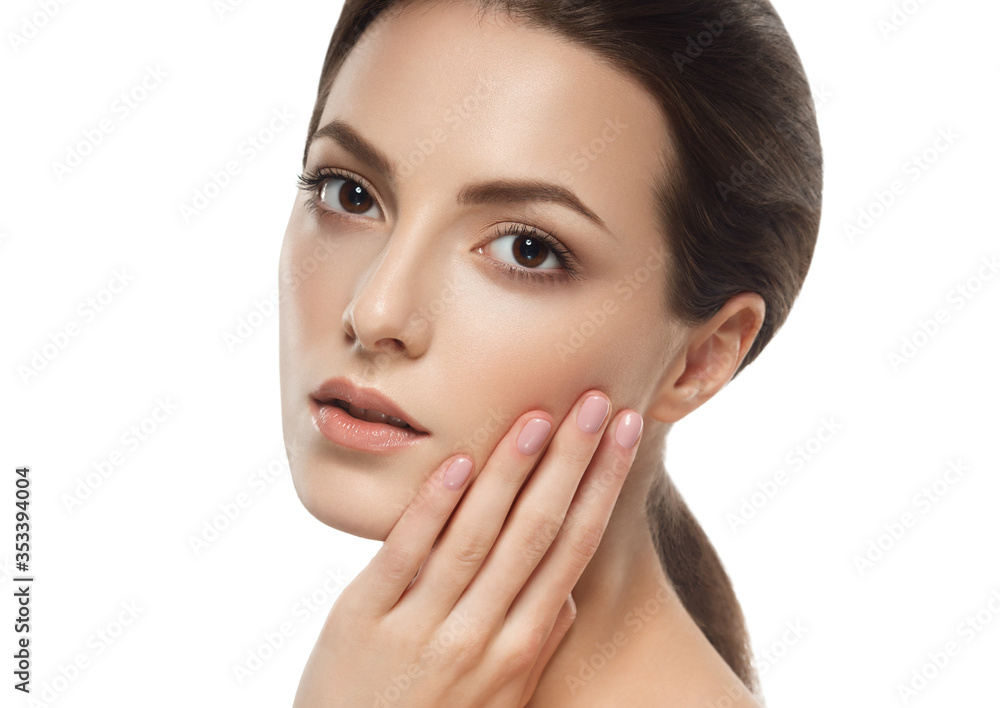 Young beautiful woman with hands portrait with short hair healthy skin studio on white