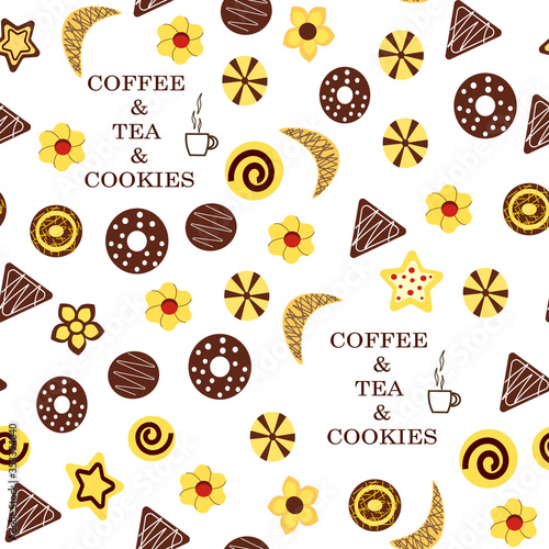 Cookies pattern.Vector illustration on a white background. Different types of cookies wich text.