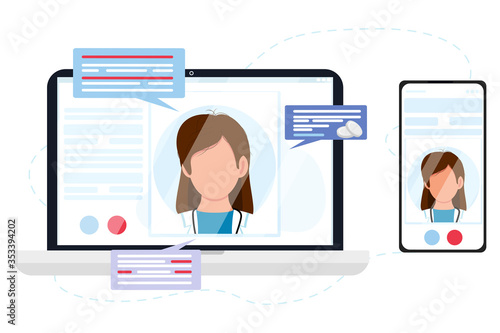 Virtual doctor app. Vector flat illustration. Laptop and phone screen with woman therapist on chat messenger. Consultation, smart medical assistance. Online telemedicine, ehealth, clinic web site, app