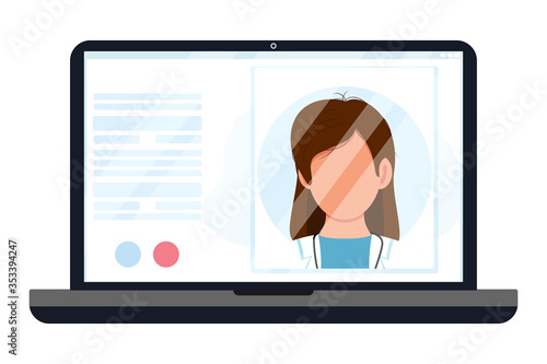 Virtual doctor app. Vector flat illustration. Laptop screen with woman therapist on chat in messenger. Consultation, smart medical assistance. Online telemedicine, ehealth, clinic web site, app
