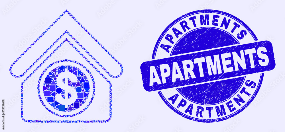 Obraz premium Geometric commercial building mosaic pictogram and Apartments seal stamp. Blue vector rounded distress seal stamp with Apartments title. Abstract mosaic of commercial building made of round, tringle,