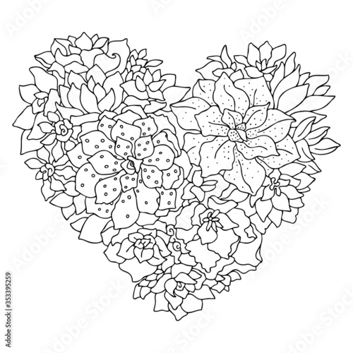 Hand drawn succulent heart. Amazing succulent garden decor idea. Sketch for anti-stress adult coloring page. Vector illustration. Textile or tattoo design.