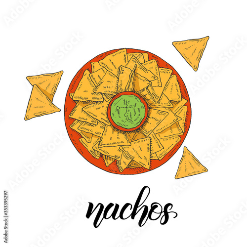Mexican Food. Hand drawn colored nachos in sketch style isolated on white. Hand made lettering. Vector illustration for menu designs.
