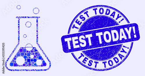 Geometric chemical retort mosaic icon and Test Today! seal stamp. Blue vector rounded scratched seal stamp with Test Today! title. Abstract mosaic of chemical retort combined of circle, tringle,