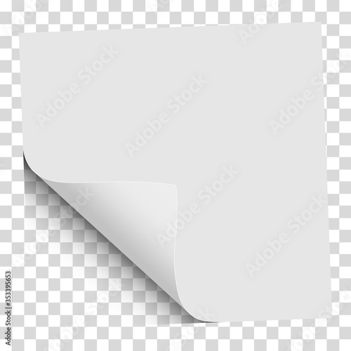 Vector sheet of white paper with curled corner, soft shadow placed on transparent background