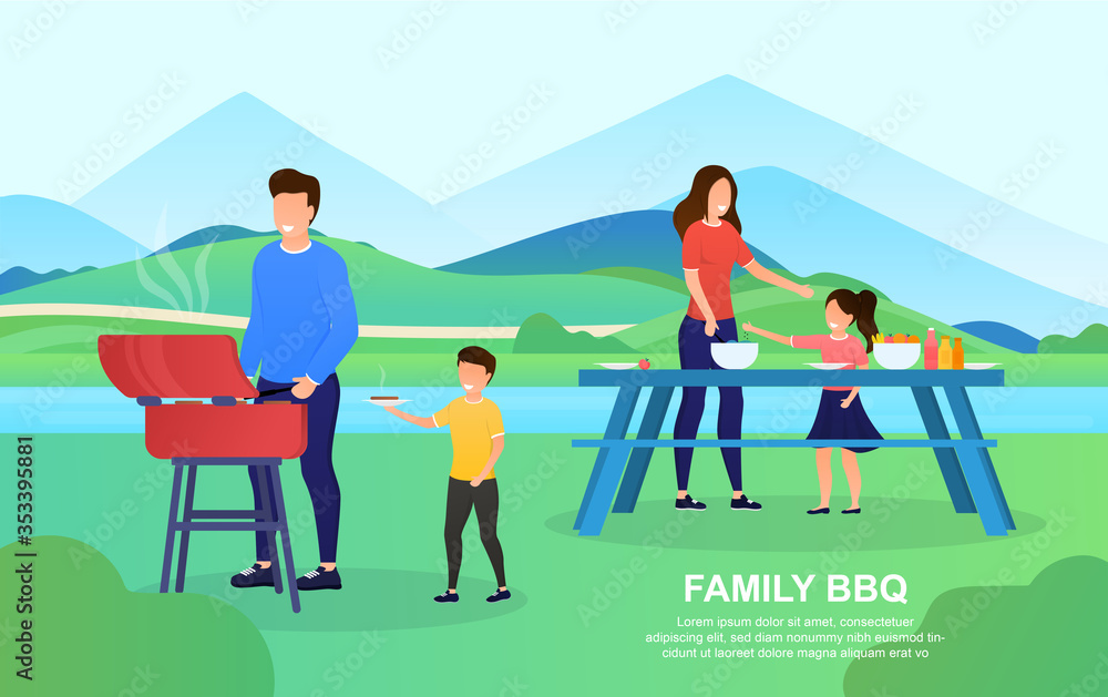 Naklejka premium Young attractive couple with children making a BBQ outdoor. The father teaches his son to cook meat. Mother shows daughter how to cut vegetables. Happy Family days Lifestyle. Flat Vector Illustration