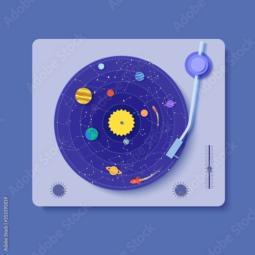 Gramophone with blue vinyl record in paper cut style. 3d illustration of constellations rocket and solar system planets. Saturn Jupiter Venus Sun Neptune and galaxy, Vector party decoration template.