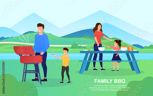 Young attractive couple with children making a BBQ outdoor. The father teaches his son to cook meat. Mother shows daughter how to cut vegetables. Happy Family days Lifestyle. Flat Vector Illustration