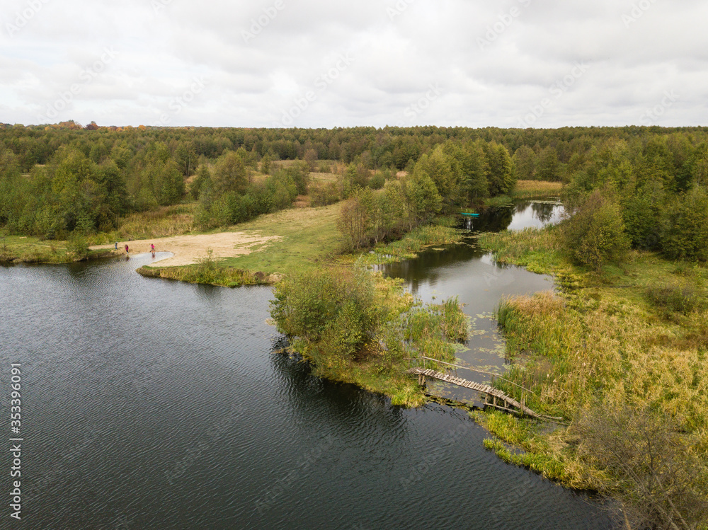 Fototapeta premium Aerial view of river Snov in autumn near village of Sednev, Ukraine.