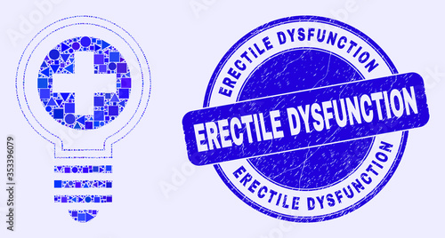 Geometric medical bulb mosaic icon and Erectile Dysfunction seal stamp. Blue vector rounded distress seal stamp with Erectile Dysfunction phrase. Abstract mosaic of medical bulb organized of round,