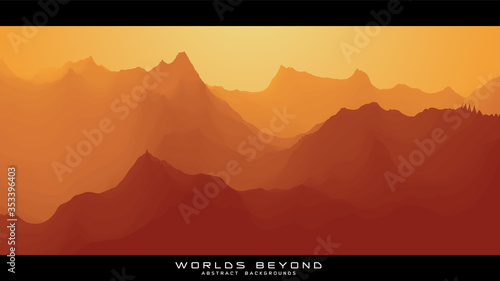 Worlds beyond abstract landscapes. Vector beautiful misty fog over mountain slopes. Abstract gradient eroded terrain surface background. Colorful waves.