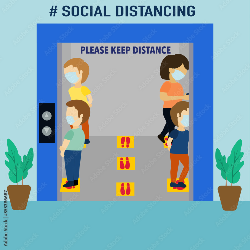 New normal people stand and keep distance in elevator.vector illustration 