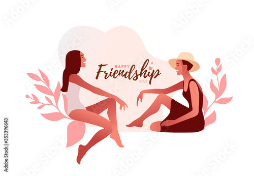 Two stylish model girls gossiping vector illustration. One excited girl whispers private secret or rumours to her friend. Pastel pale colors.
