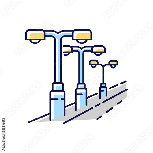 Street lighting RGB color icon. Lamp pillar row in public area. Downtown night modern lantern for night time illumination. Electric system. City infrastructure. Isolated vector illustration