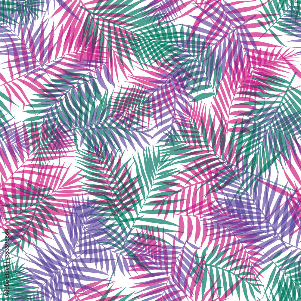 Palm exotic tropical plant leaves. Vector repeat pattern. Great for apparel, home decor, backgrounds, wallpaper.