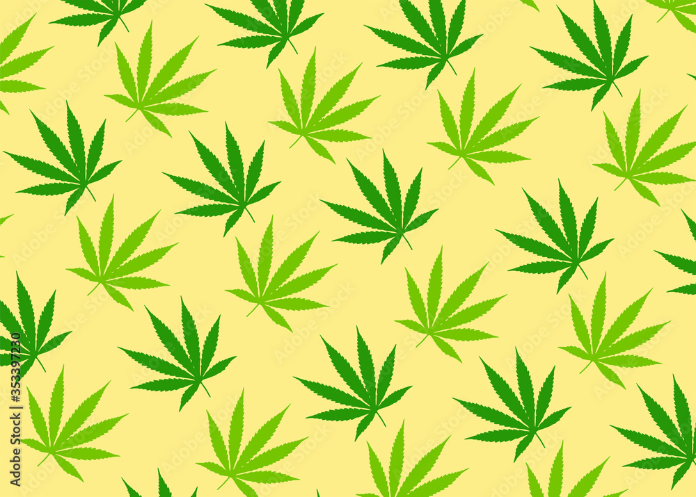green marijuana leaf pattern. CBD. yellow background