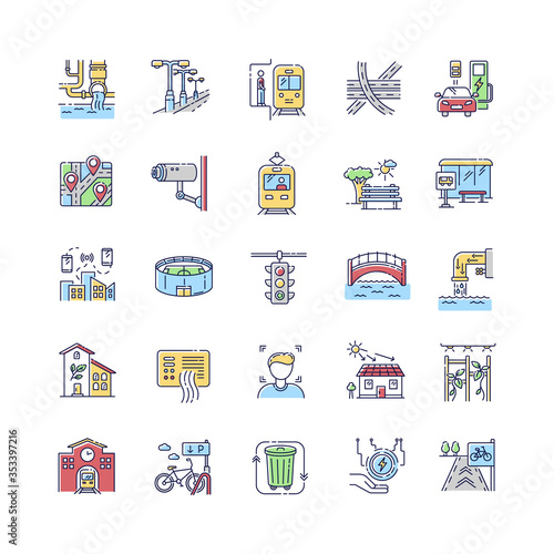 Urban infrastructure RGB color icons set. Public service. Traffic regulation light. Passenger transport. Stadium for show and event. Public bus stop. GPS map. Isolated vector illustrations