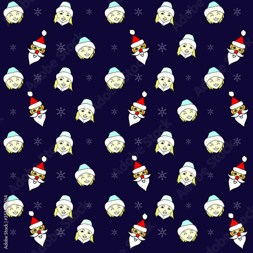happy boy with happy girl and Santa Claus with snowflakes seamless pattern vector  on dark background.