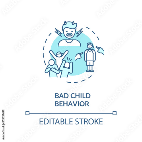 Fototapeta Naklejka Na Ścianę i Meble -  Bad child behavior turquoise concept icon. Parenting problems. Kids psychologist counseling idea thin line illustration. Social work. Vector isolated outline RGB color drawing. Editable stroke
