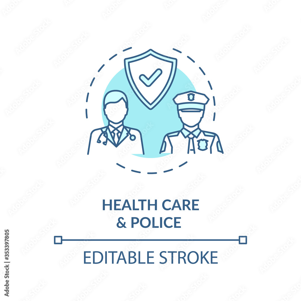 Healthcare and police turquoise concept icon. Public service. Law enforcement. People medical help and protection thin line illustration. Vector isolated outline RGB color drawing. Editable stroke