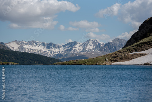 Beautiful Querol Lake in the mountain refuge in the Incles Valley, Canillo, Andorra